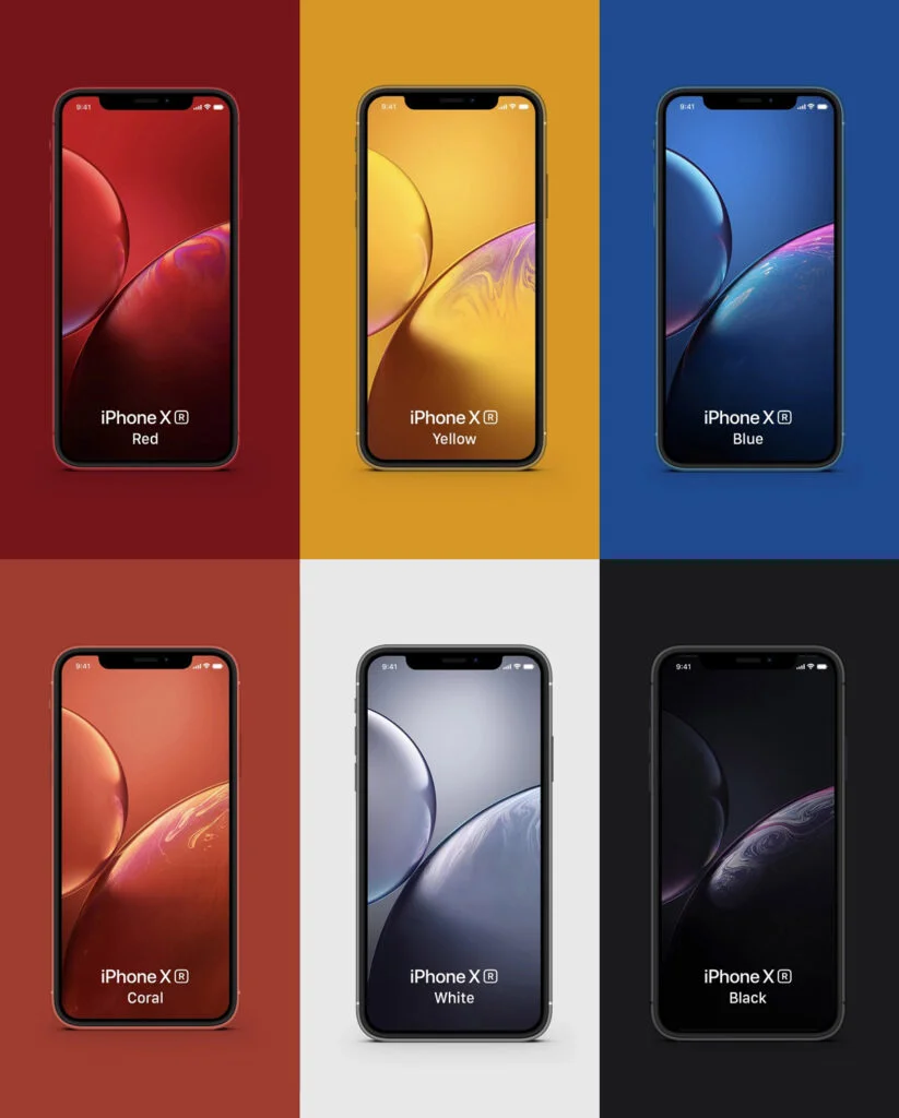 Colorful-iPhone-XR-Mockups-template Red, Yellow, Blue, Corel, White, Black
